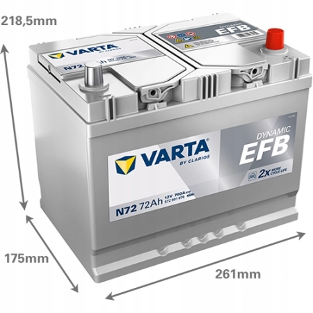 AKUMULATOR 72AH 760A 12V VARTA DYNAMIC EFB START STOP N72 P+