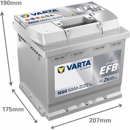AKUMULATOR 50AH 550A 12V VARTA DYNAMIC EFB START STOP N50 P+